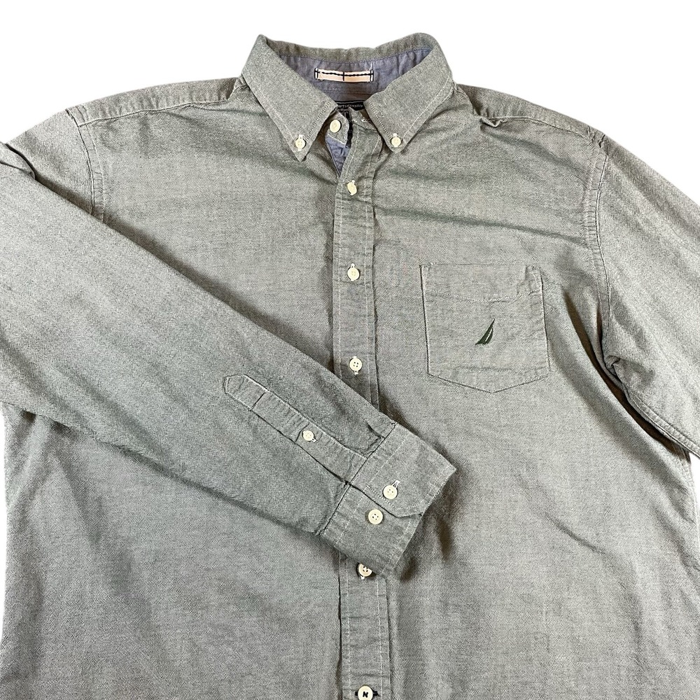 Nautica Sea Voyage Button Down Shirt Mens Large Green Long Sleeve Cotton Casual